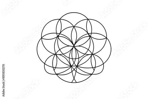 Flower of Life Symbol. Minimalistic one-line drawing flower of life sacred geometry symbol with balanced