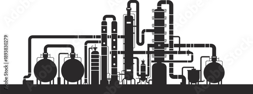 Chemical plant silhouette, refinery, distillation columns, tanks, piping, industrial infrastructure, flat vector