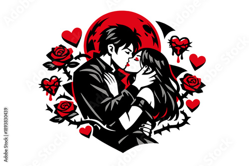 Gothic Valentine Passion. Dark gothic Valentine’s romance. Two lovers embracing beneath a blood-red moon,