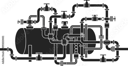 Industrial piping system silhouette, tanks, valves, connectors, fluid control, engineering layout, flat vector