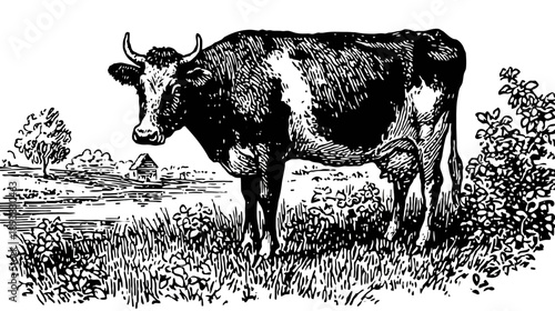 Vintage Engraving of a Dairy Cow in a Grassy Pasture by a Pond, Rural Farm Animal Black and White Illustration