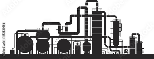 Chemical facility silhouette, distillation columns, tanks, piping system, industrial plant, engineering, flat vector