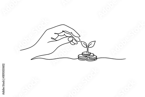 "Financial growth concept". Minimalistic one-line drawing hand nurturing a small plant sprouting from coins,