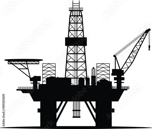 Offshore oil platform silhouette, derrick, crane, helipad, drilling rig, ocean structure, flat vector