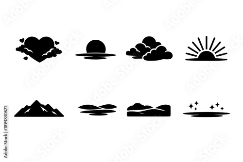 Fantasy heart clouds dusk. Filled icon set of Fantasy heart clouds dusk: glowing heart cloud, low sun,