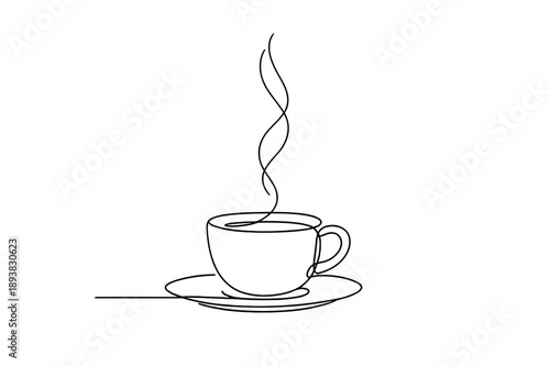 Morning coffee. Minimalistic one-line drawing simple cup placed calmly with soft steam drifting upward,