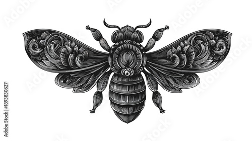 Detailed ornate bee illustration in vintage engraving style, elegant black and white insect design element for decoration