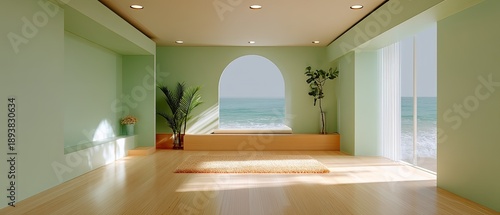 The design features a light green theme with wooden furniture, a large bed, and a view of the ocean through arched windows