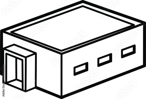 Simple black and white isometric line art drawing depicting a small factory warehouse building with an attached entrance vestibule structure.