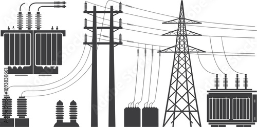 Electric power distribution silhouette, transmission towers, transformers, insulators, infrastructure, energy grid, flat vector