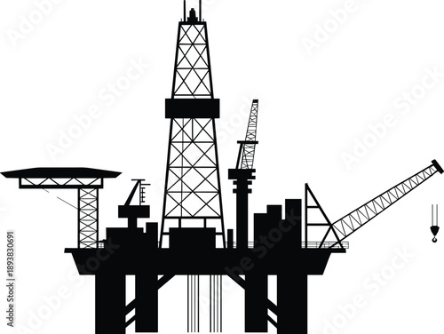 Offshore oil platform silhouette, derrick, cranes, helipad, industrial facility, ocean rig, flat vector