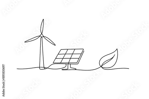 "Green technology concept". Minimalistic one-line drawing wind turbine, solar panel and leaf connected in