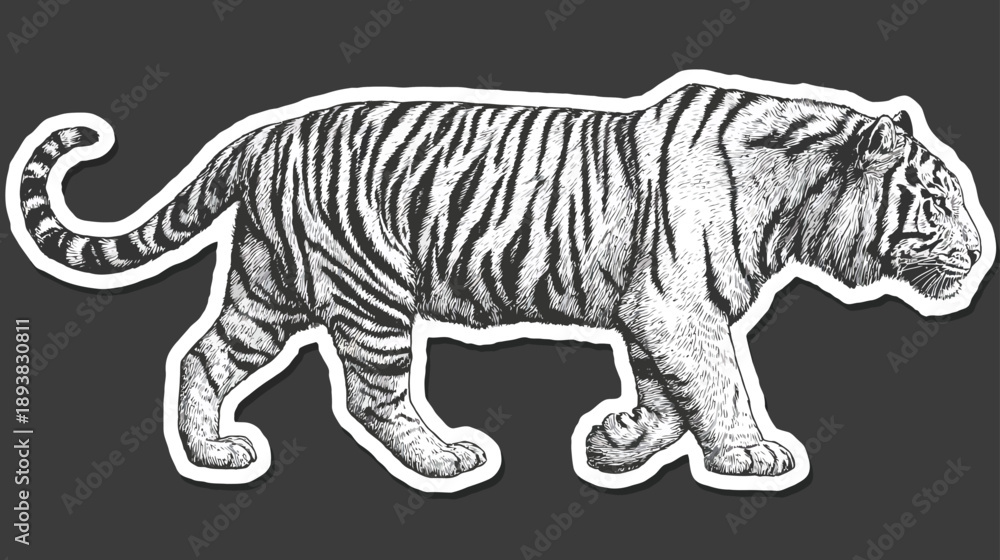 Obraz premium Detailed black and white illustration of a walking tiger with intricate stripes, strong profile, and powerful wild animal aesthetic.