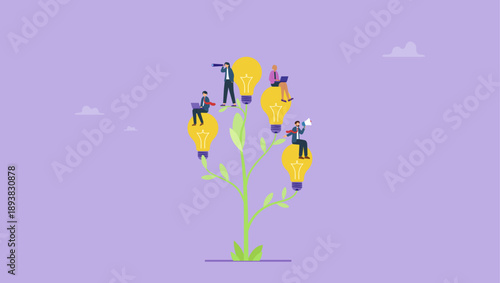 DIverse business people employee working on growing lightbulb plant. Corporate culture or employee value, organization, team success or career growth, community or company growth participation.