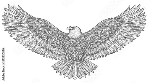 Majestic hand-drawn bald eagle with wide-spread wings, soaring in a vintage sketch style. Detailed black and white illustration.