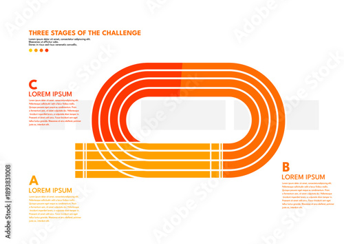 Three stages of the challenge, infographic template with orange running track