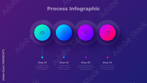 Process infographic with four steps business workflow on dark background
