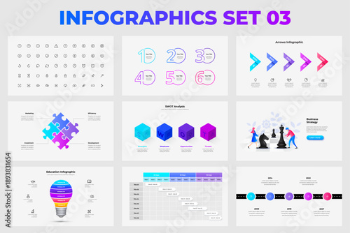 Business Infographics Set with Process, SWOT and Timeline Diagrams.