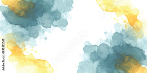 Abstract watercolor background featuring artistic blue and golden paint splatters on white canvas