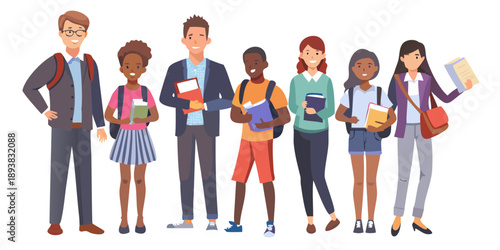 Diverse group of students standing together holding books and bags