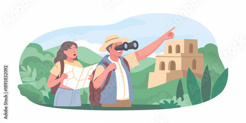 Couple exploring ancient ruins on a sunny travel adventure