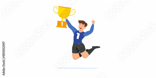 A victorious athlete celebrates winning first place with a golden trophy