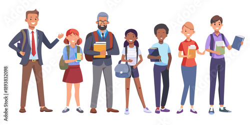 Diverse group of students and teachers standing together cheerfully