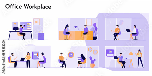 Modern office workspace illustration featuring multiple employees and desk setups