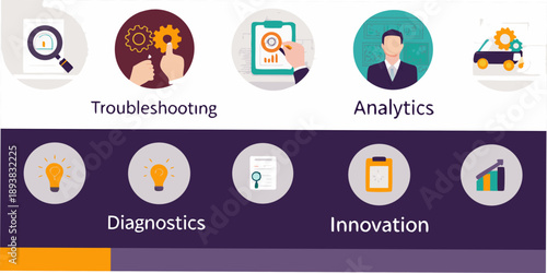 Illustrative icons representing business concepts troubleshooting analytics diagnostics and innovation