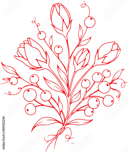 A delicate red line-art illustration featuring a bouquet of elegant rosebuds and round berry clusters with fine stems and swirling tendrils on a clean white background.