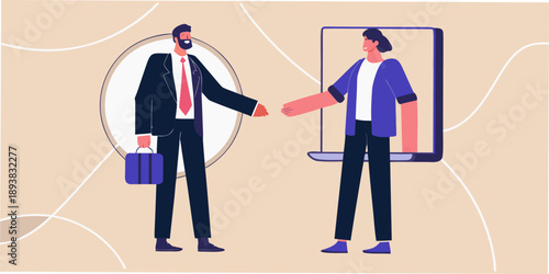 Business professionals virtually shaking hands through a smartphone screen