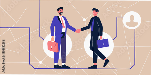 Two businessmen shaking hands finalizing a deal with a digital connection