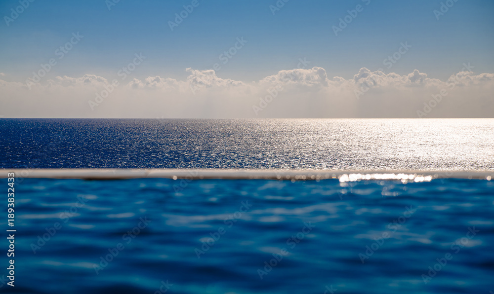 Obraz premium The leader in the pool against the background of the sea horizon 