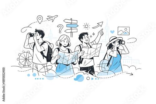 Urban Exploration Vibes. Urban Sightseeing. People taking photos and checking maps, city buildings reduced to