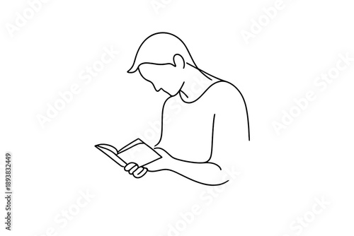 Quiet reading. Minimalistic one-line drawing relaxed human figure reading a book with slightly bent head