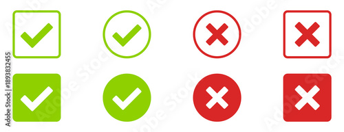 check mark icon button set. check box icon with right and wrong buttons and yes or no checkmark icons in green tick box and red cross. vector illustration
