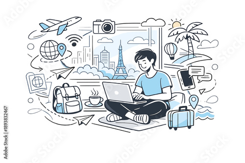 Digital nomad lifestyle. A person working on a laptop by the window with abstract city and travel icons