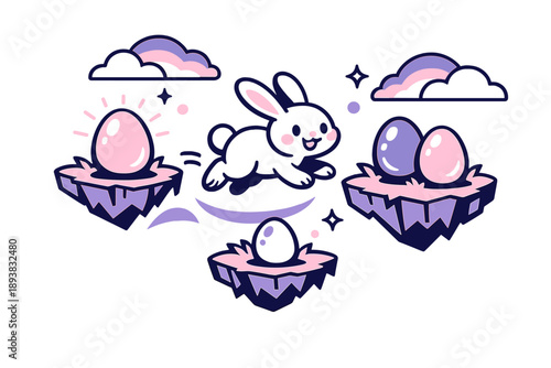 Fantasy Easter realm. A cute Easter bunny hopping between floating islands, pastel eggs glowing like gems,