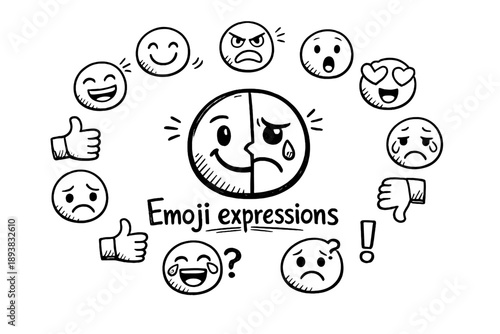 Emoji expressions. Hand-drawn doodle illustration of Emoji expressions. In the middle, one slightly larger
