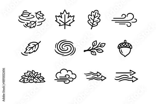 Swirling Autumn Icons. Fall leaves swirling in wind. Line outline icon set of Fall leaves swirling in wind: