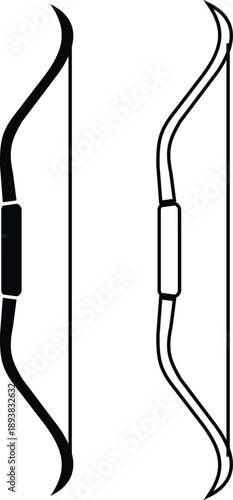 Side view bow icons collection and group of archery weapon set isolated on transparent background, flat line black vector illustration of traditional hunting bow symbols