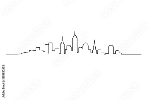 "City skyline silhouette: night metropolis". Minimalistic one-line drawing of a calm metropolitan skyline with