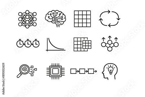 Deep learning systems. Line outline icon set of Deep learning systems: deep neural layers, artificial brain,