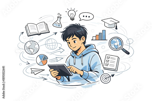 Modern Education Illustration. A student interacting with a tablet as books, charts, and learning icons float