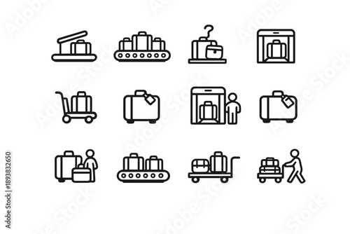 Airport luggage icons. Line outline icon set of Airport luggage icons: baggage claim, luggage carousel, lost