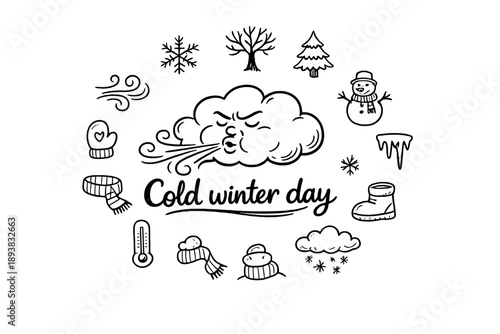 Cold winter day. Hand-drawn doodle illustration of Cold winter day. In the middle, one slightly larger central