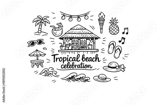 Tropical beach celebration. Hand-drawn doodle illustration of Tropical beach celebration. In the middle, one