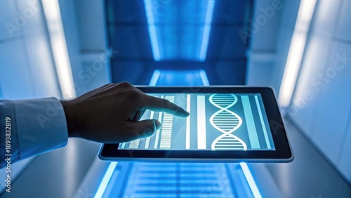 Futuristic Tablet Scanning DNA Barcode in High-Tech Environment