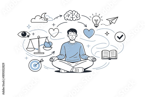 Human mind balance. A relaxed person centered among abstract scales, hearts, and cognitive symbols softly