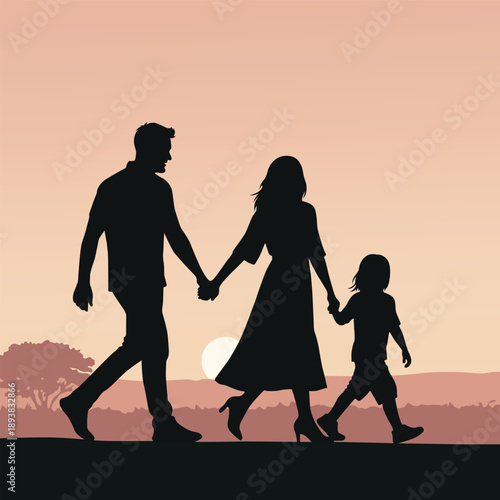 Happy family walking together at sunset silhouette illustration